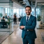 Professionnel souriant en costume bleu dans un espace de bureau contemporain avec cloisons vitrées et collaborateurs en arrière-plan