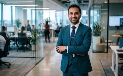 Professionnel souriant en costume bleu dans un espace de bureau contemporain avec cloisons vitrées et collaborateurs en arrière-plan