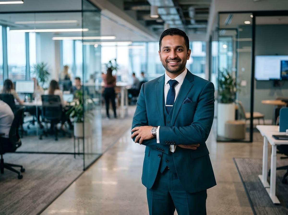 Professionnel souriant en costume bleu dans un espace de bureau contemporain avec cloisons vitrées et collaborateurs en arrière-plan